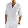 Summer Breathable Men's Casual Cotton and Linen Shirt Stand Collar Youth Long Sleeved Linen Ultra-thin Loose Shirt