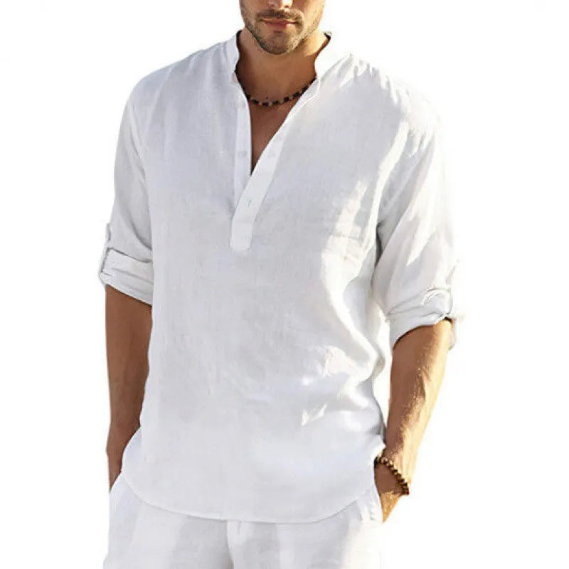 Summer Breathable Men's Casual Cotton and Linen Shirt Stand Collar Youth Long Sleeved Linen Ultra-thin Loose Shirt