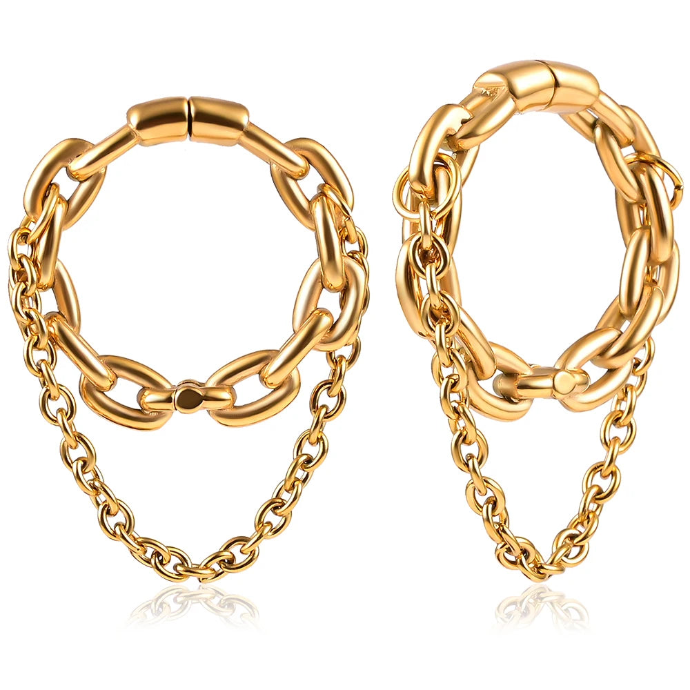 Wholesale Gold Plated 316L Stainless Steel Body Piercing Jewelry Chain Link Stylish Ear Weight Hoop Earrings for Women Wedding