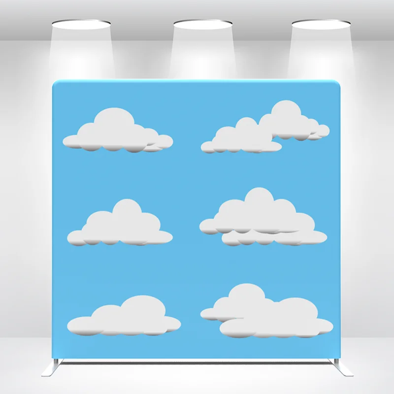 Custom Cartoon Cloud White Tension Straight Fabric Birthday Wedding Party Photo Booth Backdrop Cover