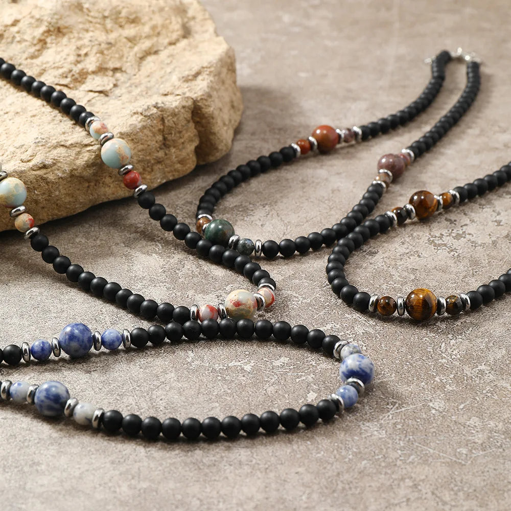 New Fashion Natural Stone Tiger Eye Matte Onyx Blue Sodalite Beads Stainless Steel Clasp Long Necklace Men