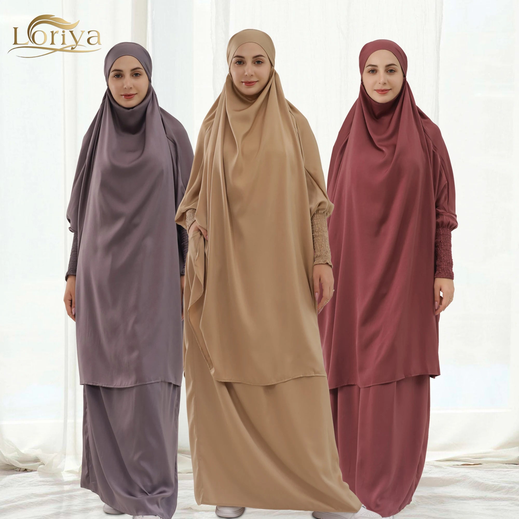 2023 Loriya Traditional Muslim Clothing Wholesale 2pcs Prayer Abaya Set Long Hijab Top With Skirt for Gills Islamic Clothing