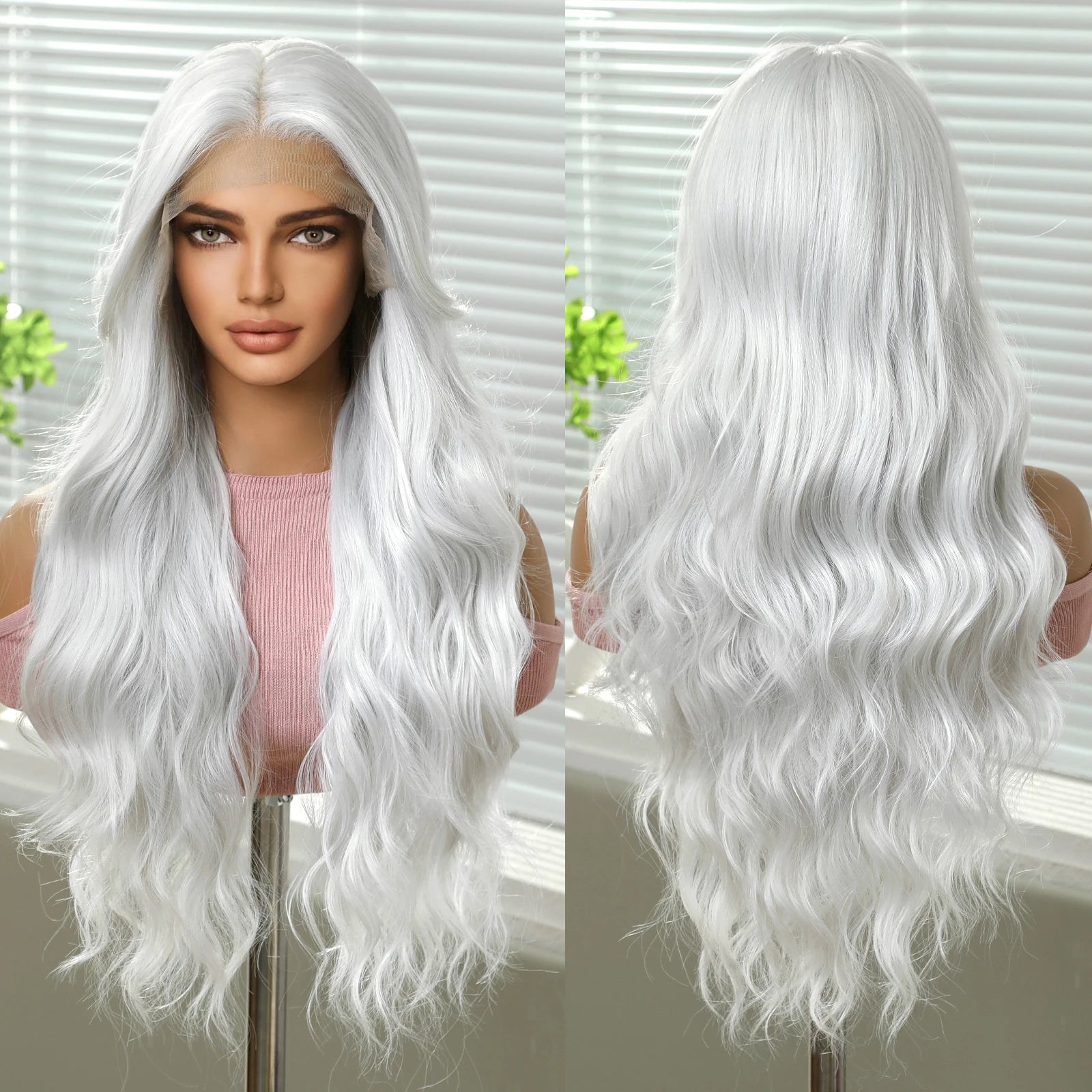 Japanese Fiber 13*6 Lace Synthetic Wig Platinum White Front Lace Wig Filament Wavy High Glow Wig