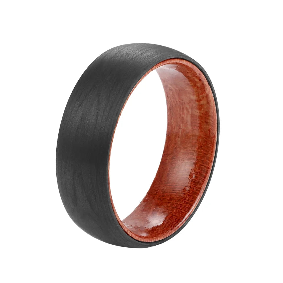 POYA Black Carbon Fiber Wood Sleeve Inlay 8mm Man Wedding Band Domed Comfort Fit