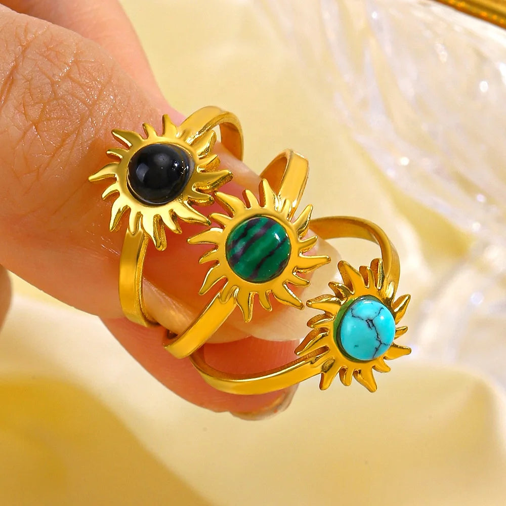 Fashion Healing Obsidian/Malachite/turquoise Inlaid Stainless Steel Sunflower Ring Hip-hop Ring Wholesales