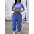Women Short Sleeve Ribbed Crop Top Drawstring Sweatpants 2 Piece Set Casual Daily Lounge Streetwear Tracksuit Ladies Outfits