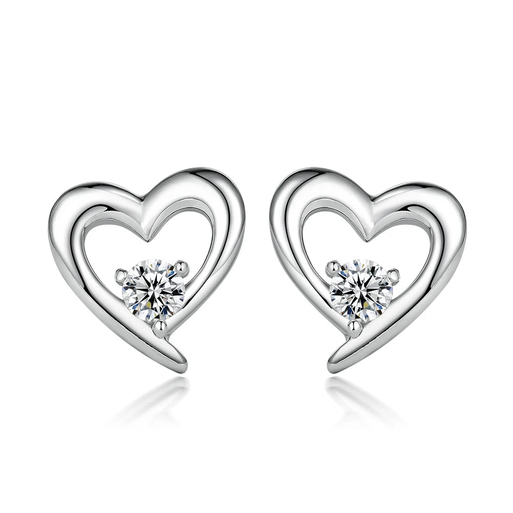 Custom 925 Sterling Silver Zircon Stud Earrings Romantic Heart Rhodium Plated Earrings