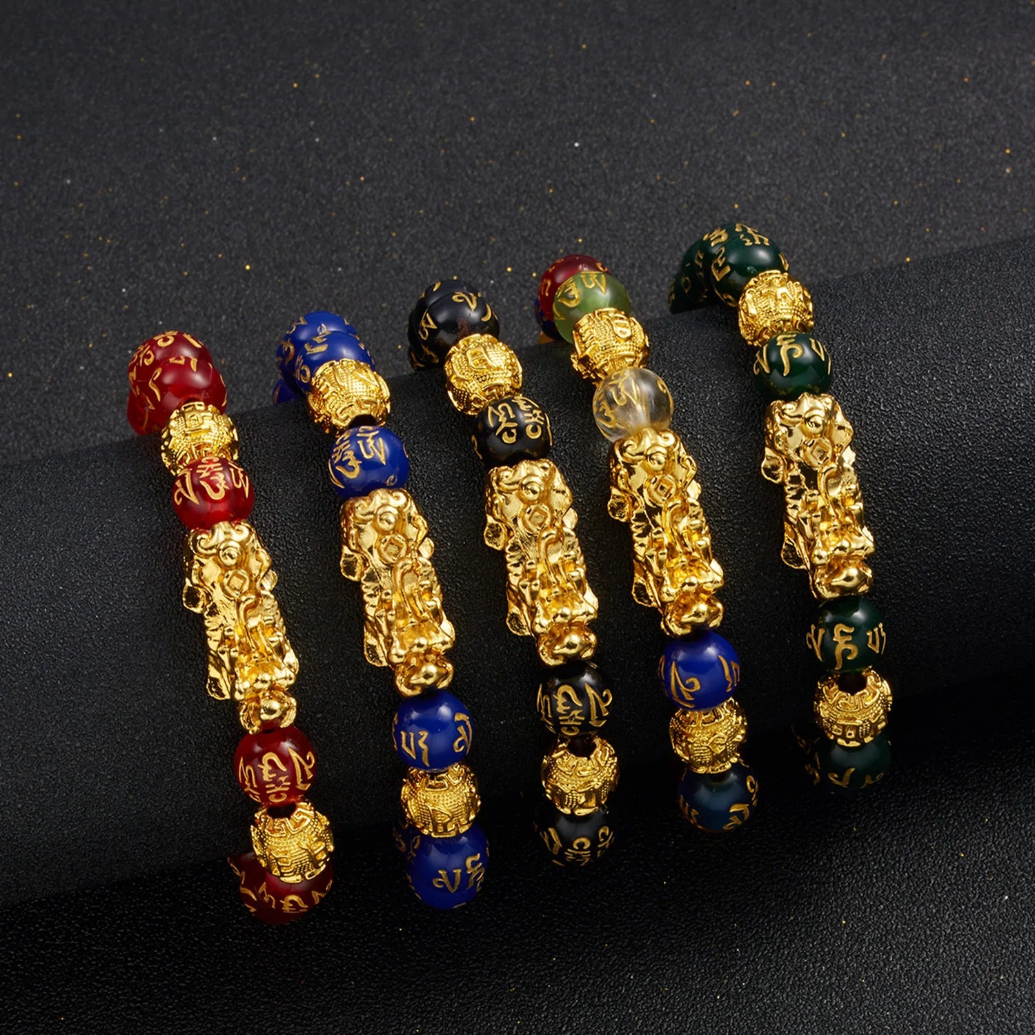 Custom Attract Wealth Six Words Elastic Bracelet Obsidian Gold Pixiu Buddha Bead Bracelet