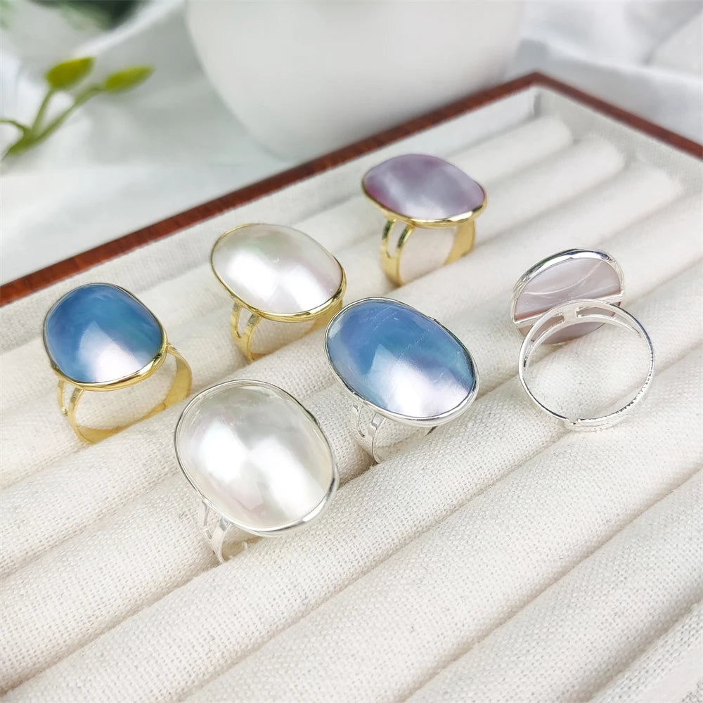2024 New Arrivals Genuine Mother of Pearl Jewelry Natural Seashell Silver Plated Rings White Pink Natural Shell Rings for Women