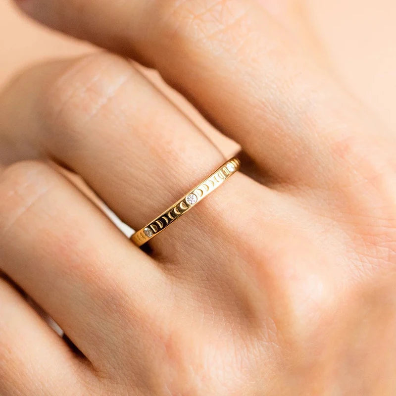 Customized Dainty Bohemia Style Stainless Steel Moon Cubic Zirconia Thin Rings Tarnish Free Jewelry for Women