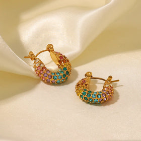 Hip Hop Chunky Colorful Huggie Hoop Earrings 18K Gold Plated Stainless Steel Statement Cubic Zirconia Earrings Boucles Doreilles