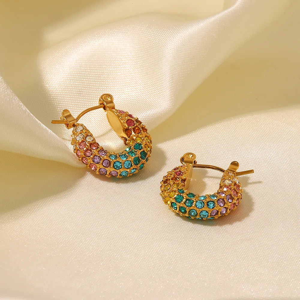 Hip Hop Chunky Colorful Huggie Hoop Earrings 18K Gold Plated Stainless Steel Statement Cubic Zirconia Earrings Boucles Doreilles