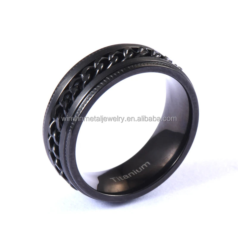 Wholesale 8mm Black Titanium Ring with Stainless Steel Braided Chain Inlay Gear Step Edge for Engagement Party Unisex Jewelry