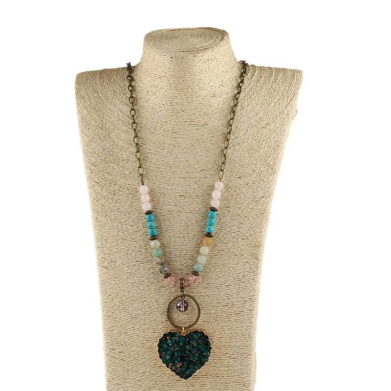 Women Fashion Bohemian Jewelry 8mm Natural Stone Crystal Glass Rosary Chain Link Alloy Ring Heart Chip Stone Pendant Necklace