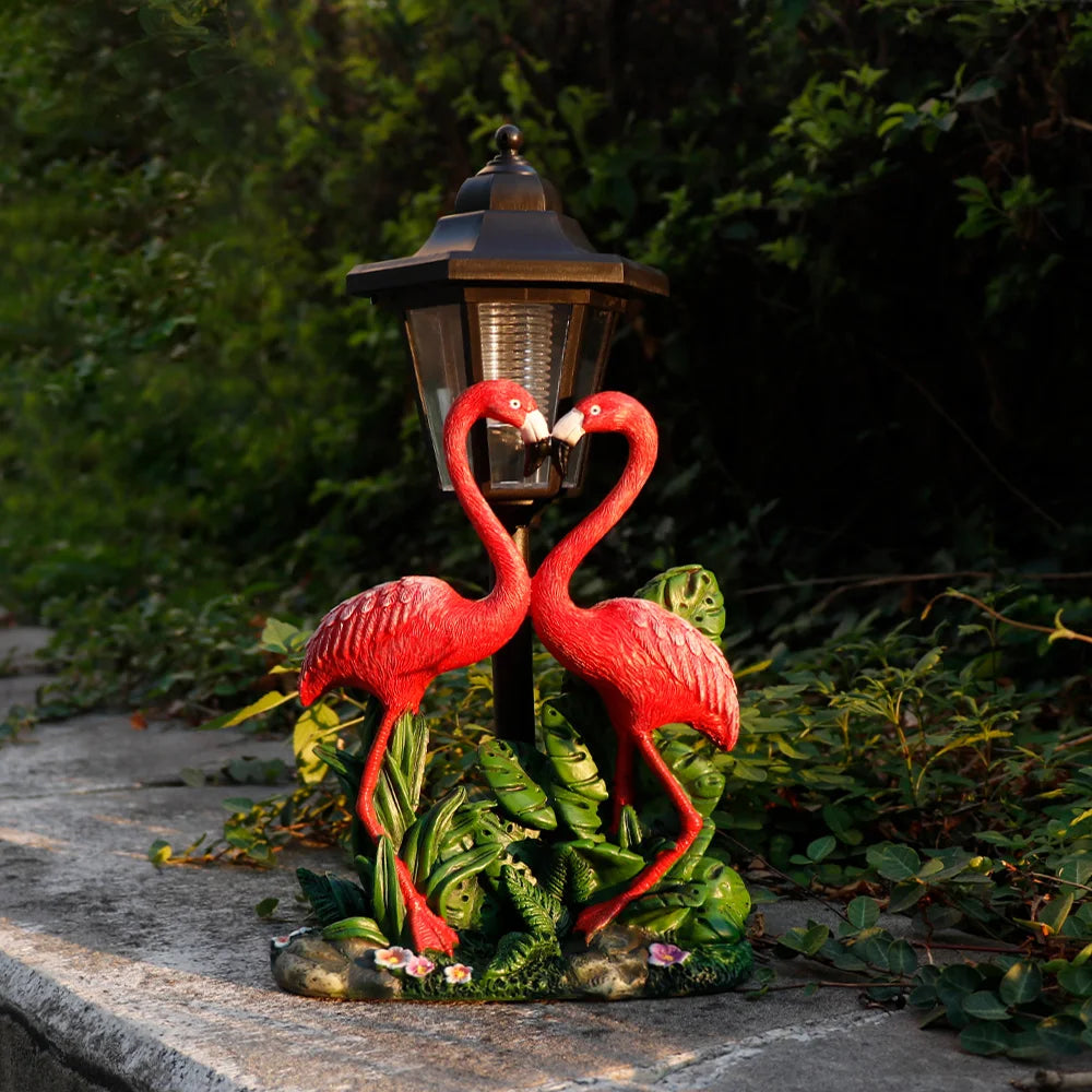 Solar Powered Flamingo Garden Light Red Resin Bird Statue with Black Lantern for Outdoor Patio DecorWaterproof LED Night Light