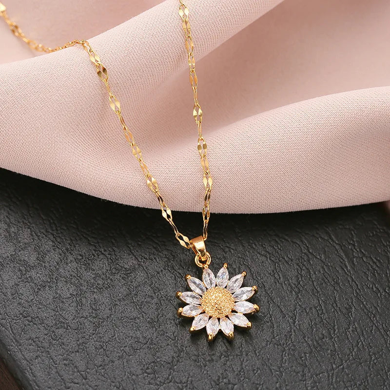 New Children's Stainless Steel 18K Gold Plated Sunflower Zircon Micro-Pave Wedding Engagement Necklace