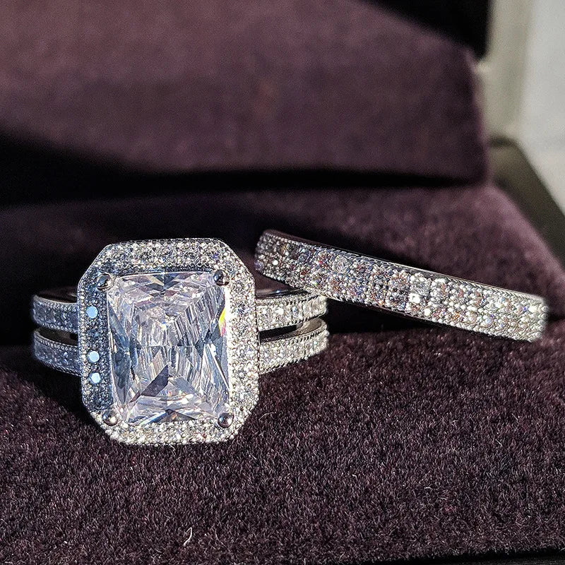2pcs White Gold Wedding Eternity Cubic Zirconia Solitaire Diamond Emerald Cut Engagement Ring Bling Moissanite Bridal Ring Set