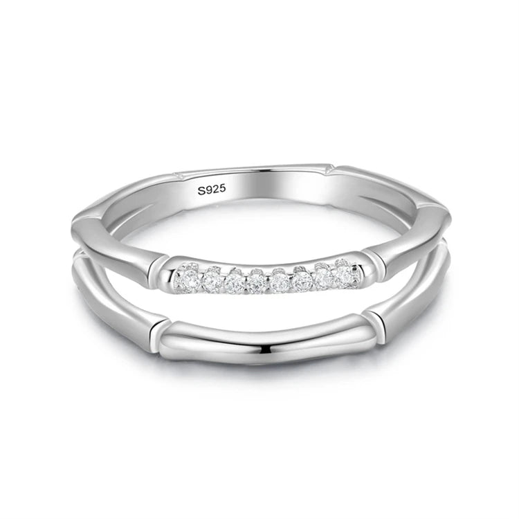 Trendy 925 Sterling Silver Micro Inlay Diamond Ring Women Double Layer Bamboo Design Ring