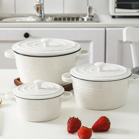 Nordic Simple Binaural Ceramic Soup Salad Bowl with Lid Anti-Scalding Breakfast Dessert Oatmeal Bowl Tableware Bohemian Style