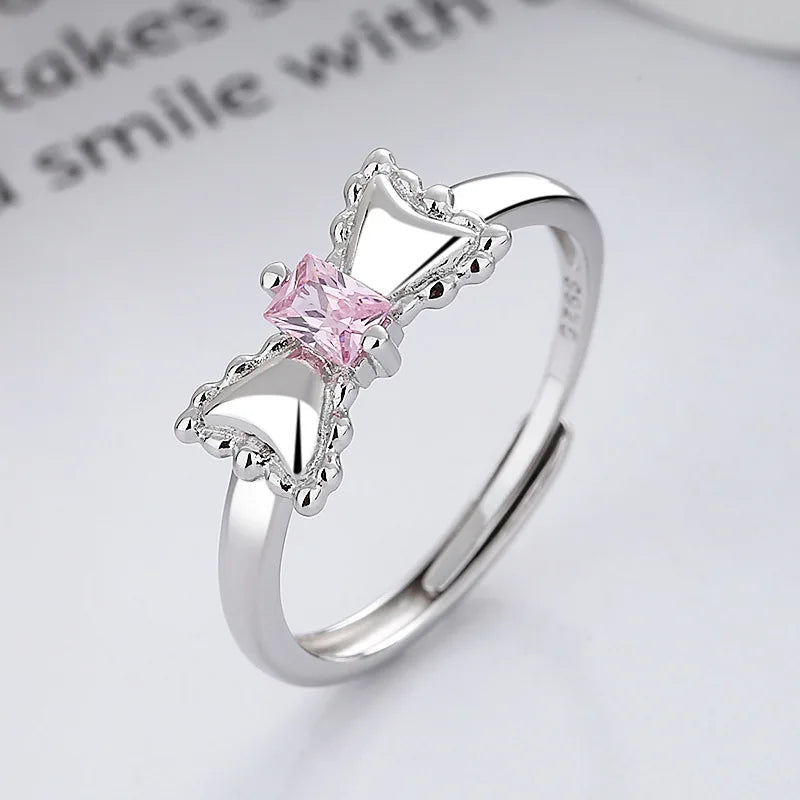 Japan Korea Girly Heart Adjustable Ring INS Sweet Cute Bow Ring Pink Diamond 925 Sterling Silver Ring Jewelry for Women