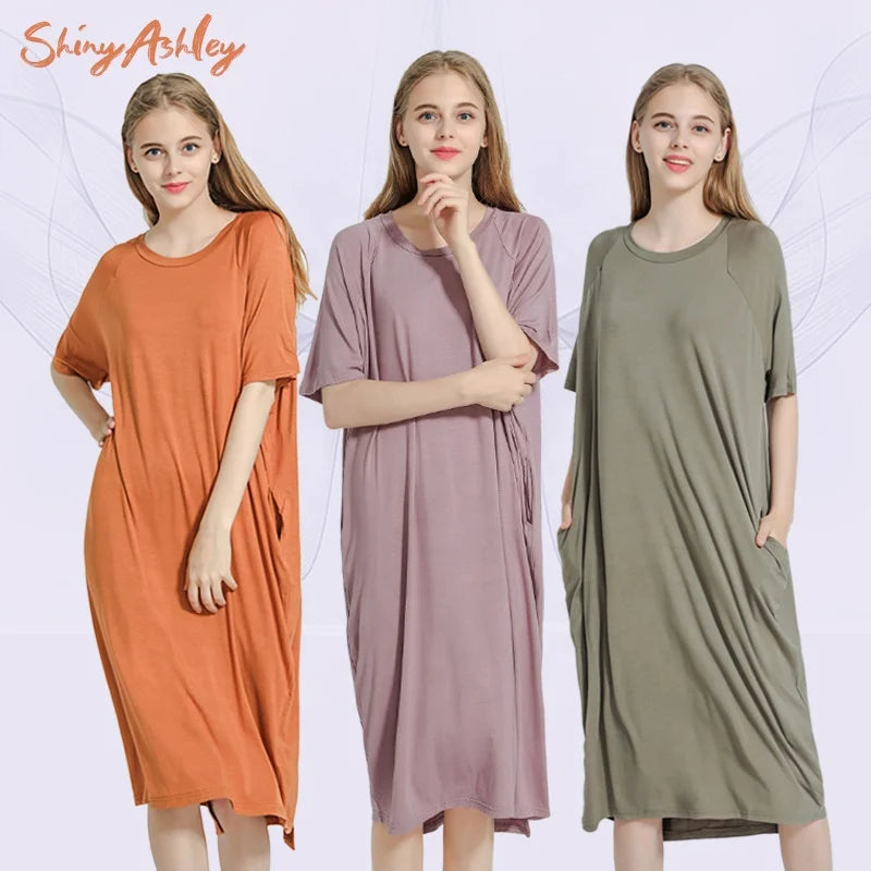 RTS Solid Color Organic Summer Pajamas Modal Dress Girls Nightdress Women Sleepwear Pajama