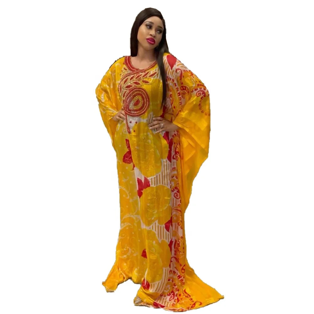 Promotion Women Two Piece Set Summer 2023 Floral Print Loose Dress Chiffon African Print Dress Rhinestone Fashion African Dress