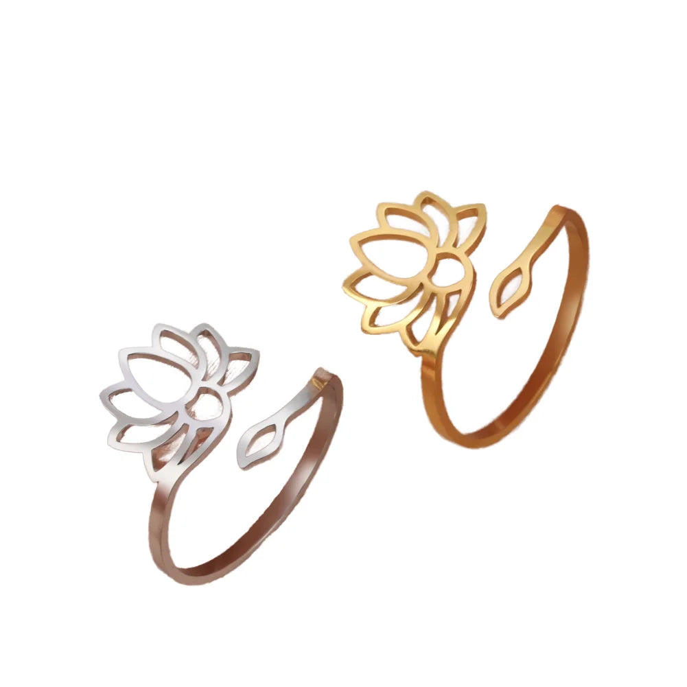 Wholesale Custom Non Tarnish Stainless Steel Rings Hollow Lotus Flower Ring for Festival Gift