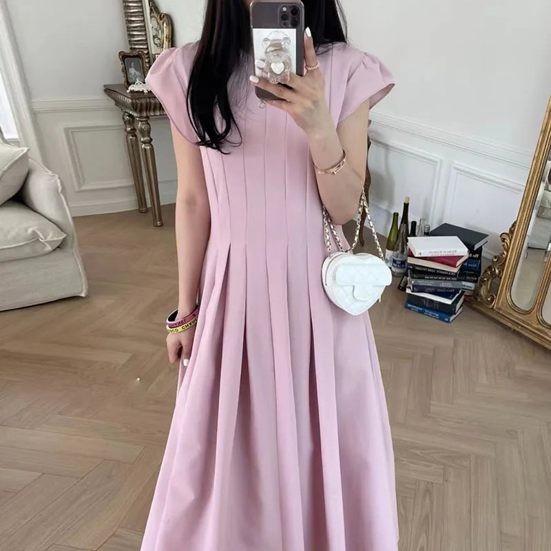 Boutique Wholesale Korean Chic Summer New 2026 Round Neck Solid Color Cotton Fashion Casual Slim Pocket Women's Dress