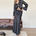 Enyami Spring Summer Solid Color Costom Elegant High Waist Satin Midi Length Skirts Lace-up V-neck Long Sleeve Lady Women Set