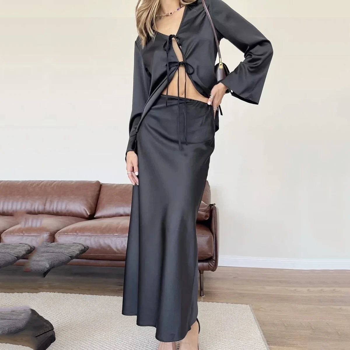 Enyami Spring Summer Solid Color Costom Elegant High Waist Satin Midi Length Skirts Lace-up V-neck Long Sleeve Lady Women Set