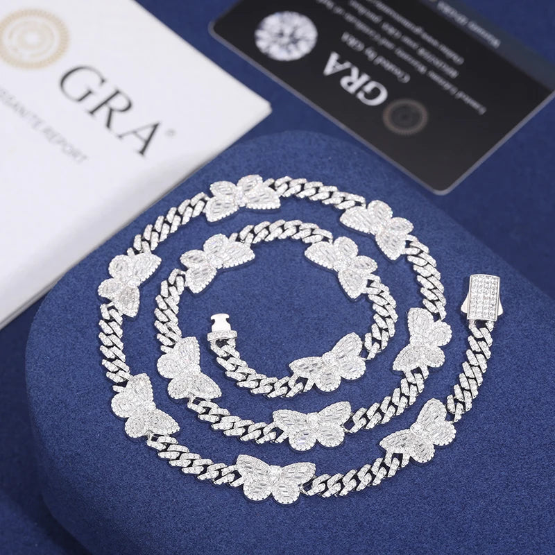 Fashion Design Femme Jewelry Baguette Moissanite Butterfly Necklace 925 Sterling Silver Iced Out Cuban Link Chain