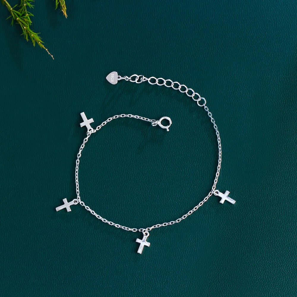 Women Fine Jewelry 925 Sterling Silver Chain Link Cross Charm Bracelet for Girls Daily Wear Party Birthday Jewelry Gift