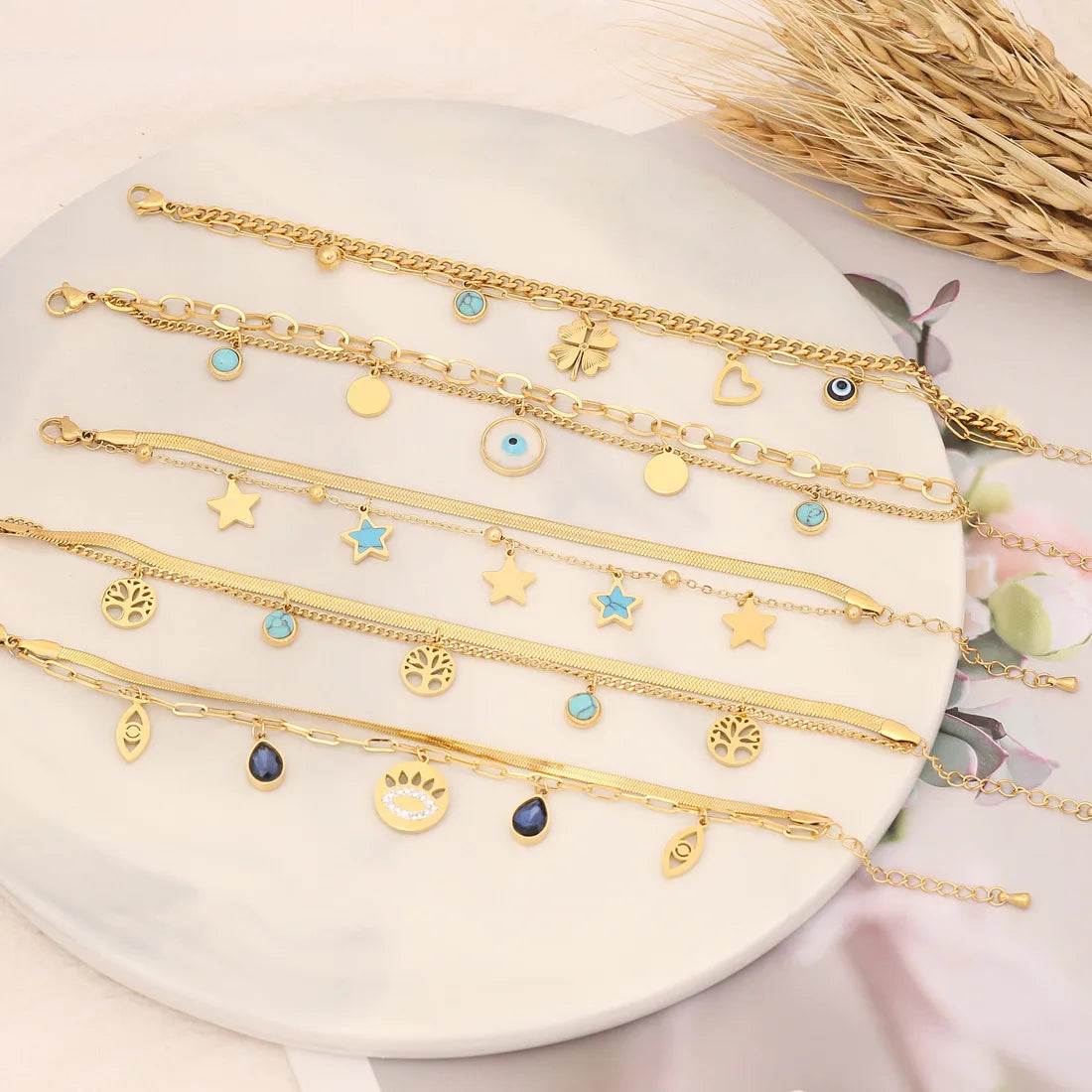New Design18K Gold PVD Plating Stainless Steel Lock/Heart/Clover/Flower/Star/Evil Eye/Life Tree Lucky Charms Bracelet Women B348