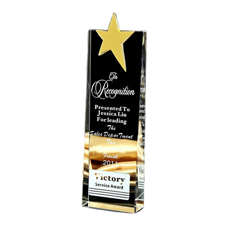 Personalized Custom Souvenir Gift Clear K9 Crystal Glass Trophy Award With Metal Star Crystal Trophy Award for Business Gifts