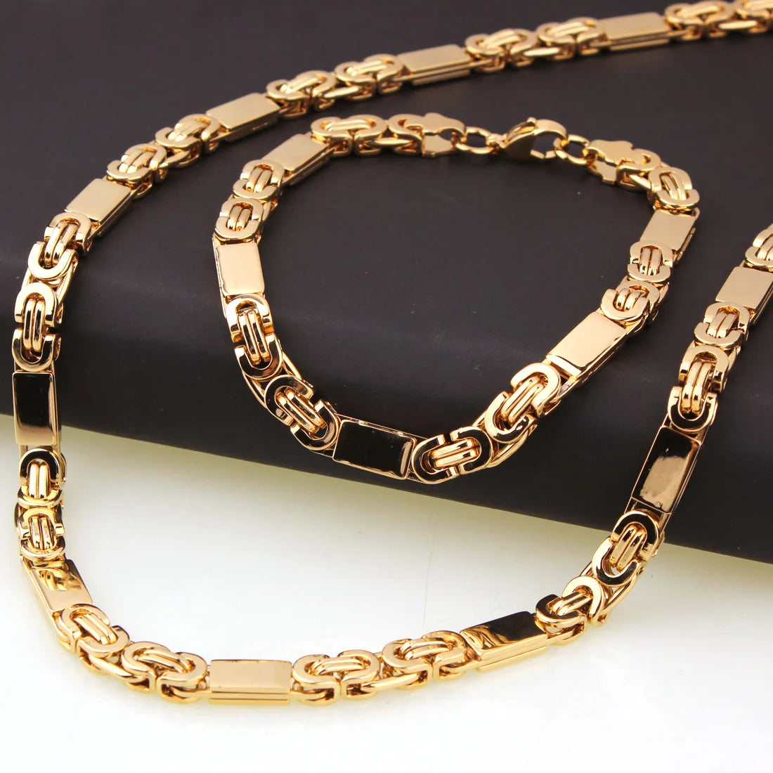 Men's Italian Solid Stainless Steel Figaro Chain Necklace Set 18K Gold Plating Fashion Jewelry