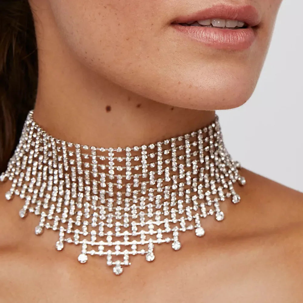 Layered Rhinestone Sparky Full Crystal Bride Jewelry Wedding Tassel Collar Necklaces