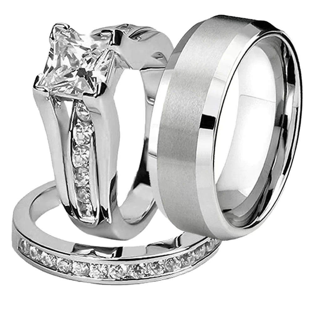 Luxury Fashion Diamond Glossy Three-piece Proposal Rings for Woman Men Wedding Rings Couple Set