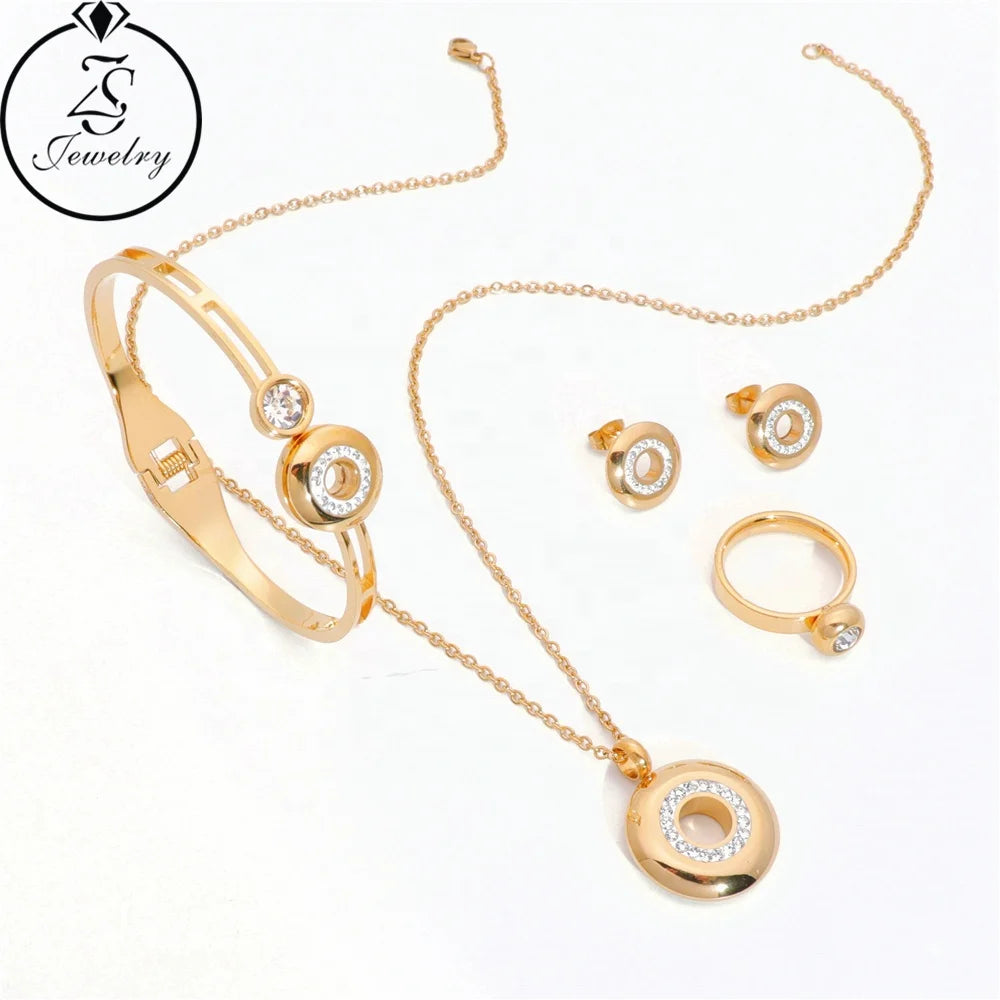 18K Gold Plated Full Bridal Set Circle Zircon Diamond Jewelry for Weddings Stainless Steel African Jewelry Set