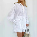 Summer Streetwear Casual Shorts Sets Cozy Lapel Lantern Sleeve Shirt Elastic Waist Button Striped Jacquard 2 Pieces Outfit