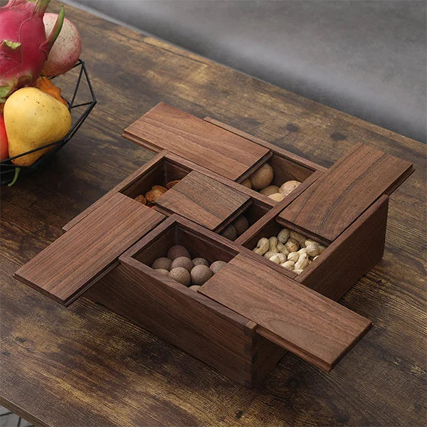 JUNJI Flexible Storage Box with Lid Carved Wooden Pull-Out Design Rectangle Walnut Shape Europe Style for Food Storage
