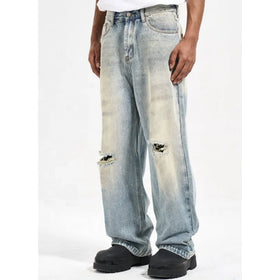 Custom Label Drop Ship Stock Street Wear Stock Baggy Jeans Manufacturer Men Blue Stacked Flared Denim Jeans