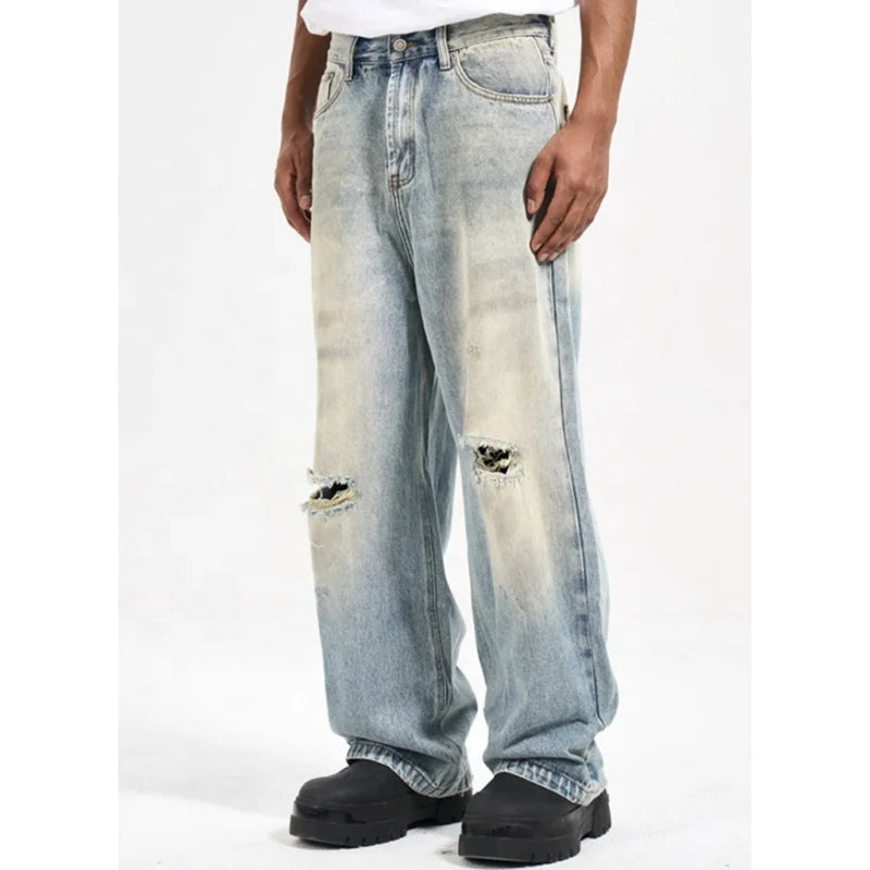 Custom Label Drop Ship Stock Street Wear Stock Baggy Jeans Manufacturer Men Blue Stacked Flared Denim Jeans