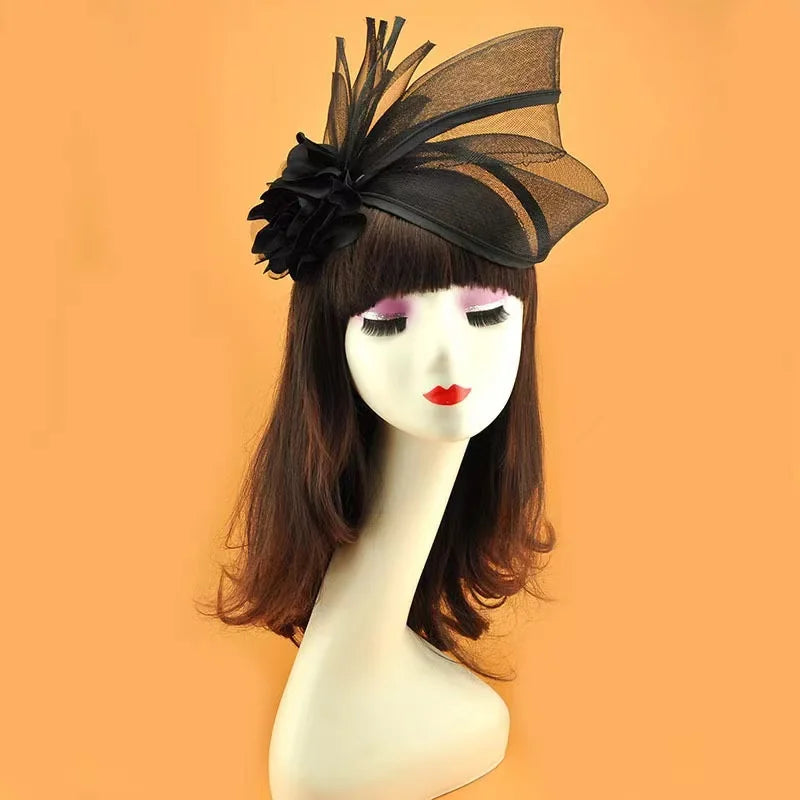 Fashion Linen Feather Hair Accessories Party Headwear Flower Linen Top Hat Ladies Derby Church Wedding Hat Head Dress