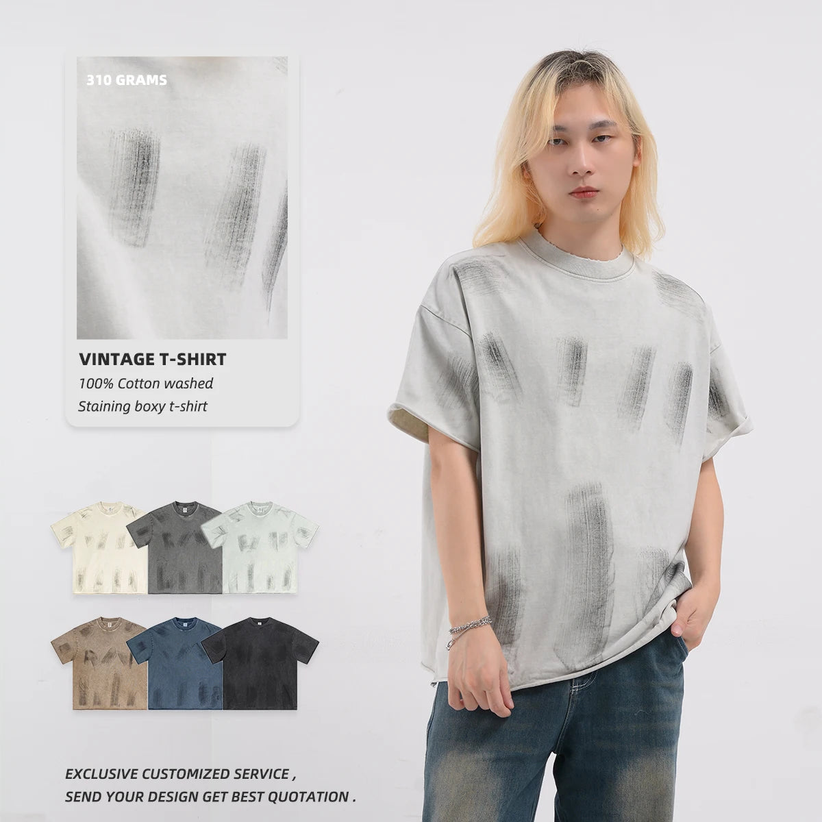 Wholesale 100% Cotton Staining T-shirt 280g Drop Shoulder Raw Hem Thick Collar Men t Shirt Oversized Boxy Fit t Shirt