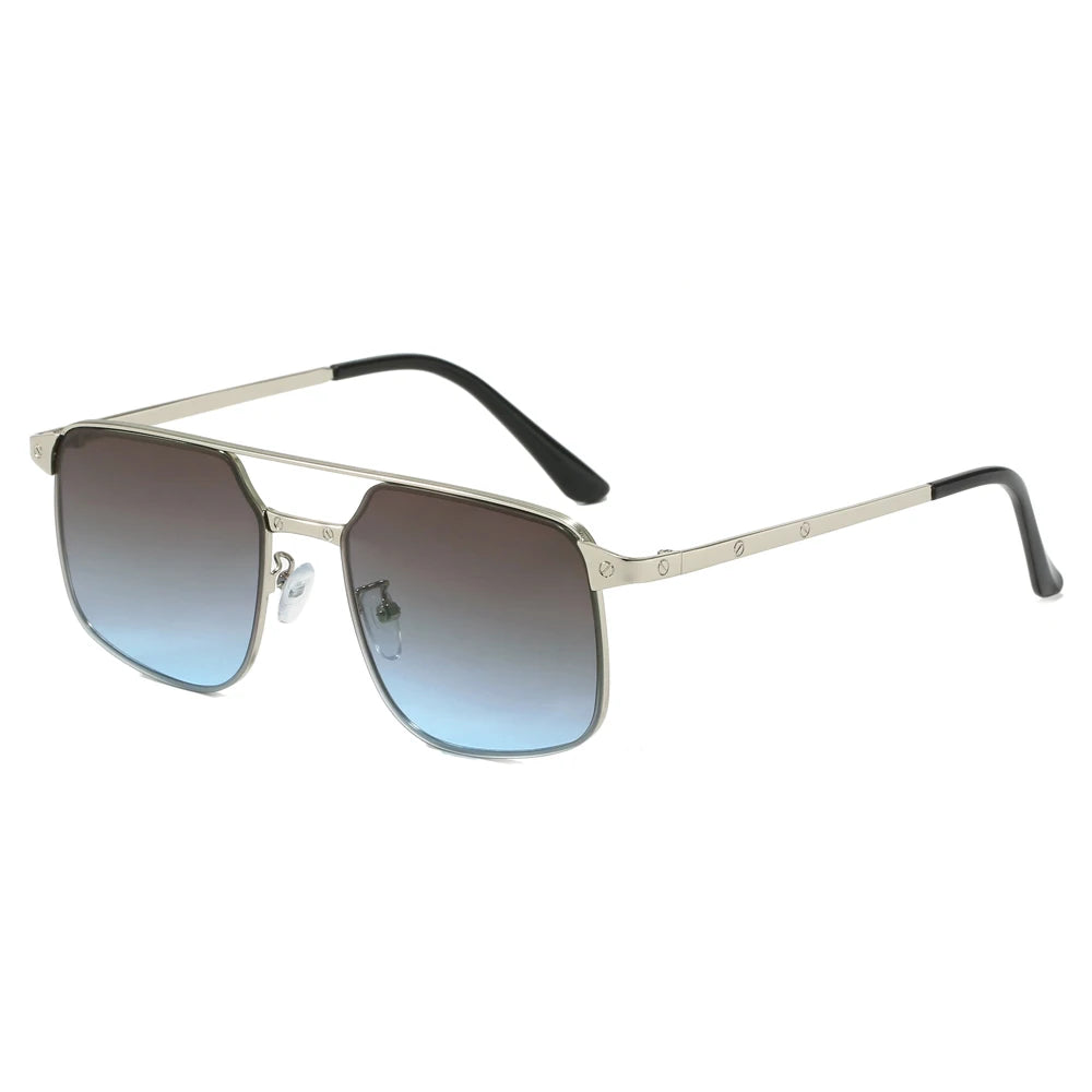 Luxury New Oversized Sunglasses for Men Custom Metal Frame Double Bridge Acrylic Lenses in Blue Gray Tea Frame Colors