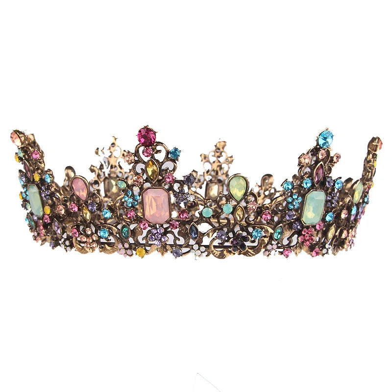 Round Baroque Queen Crown with Multicolored Rhinestones Wedding Tiara for Women on Ramadan Graduation Valentine's Day