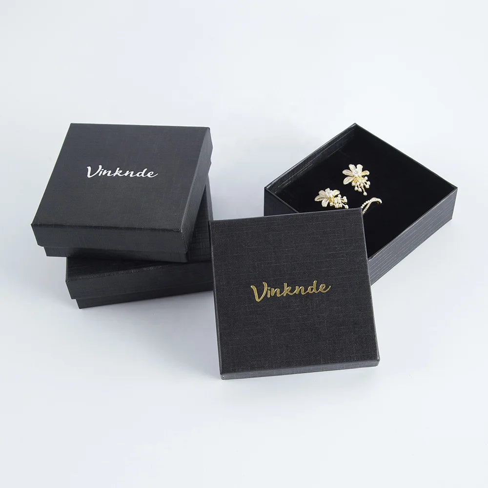 Luxury Black Textured Wedding Cardboard Necklaces Ring Packaging Bracelet Jewelry Gift Boxes Black Paper Box with Lid