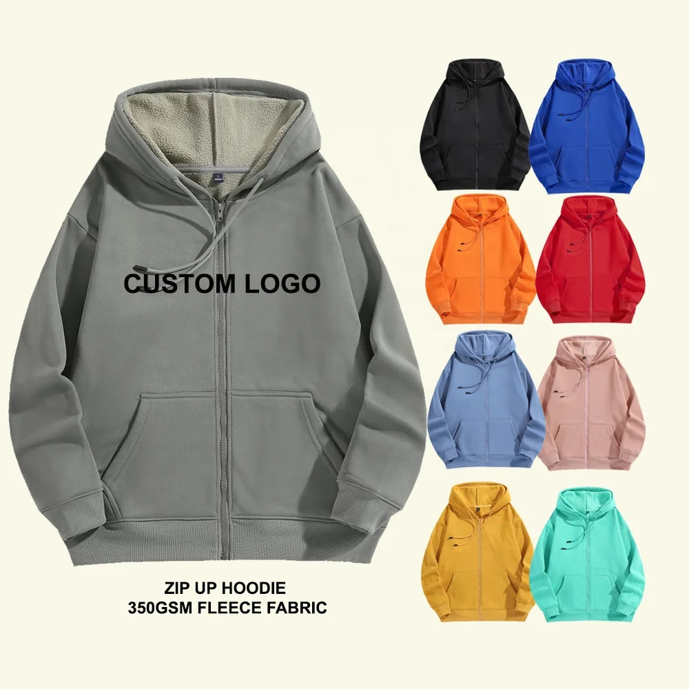Unisex Custom 350gsm Blank Full Zip up Hoodie Fleece Oversized Heavyweight Black Red Winter Warm Casual Puff Printing Hoodie