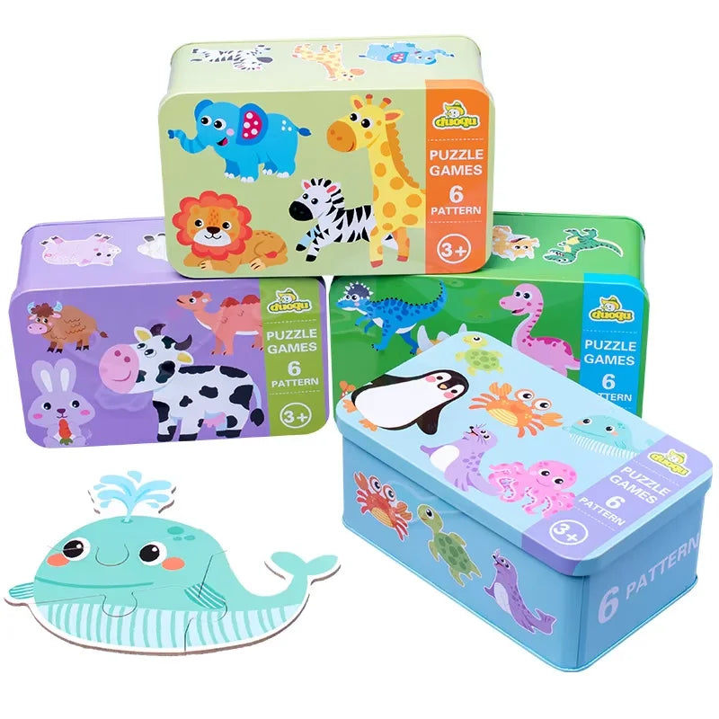 Montessori Creative Cartoon Puzzle Game Iron Box Car Fruit Animal Cognition Game Wooden Educational Puzzle Game for Kids