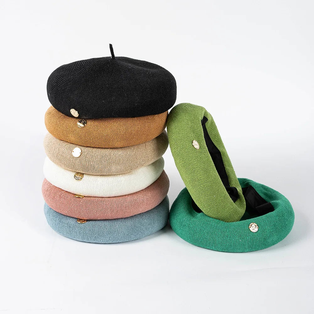 Custom Metal Label Spring Summer New Fashion Casual Linen Knitted Breathable Painter's Hat Women's Fashion French Beret Hat